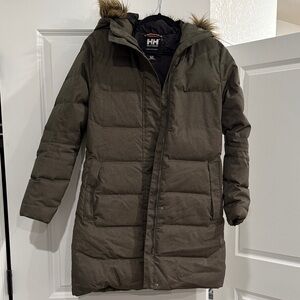 Helly Hansen Olive Puffer Jacket with Fur Trim